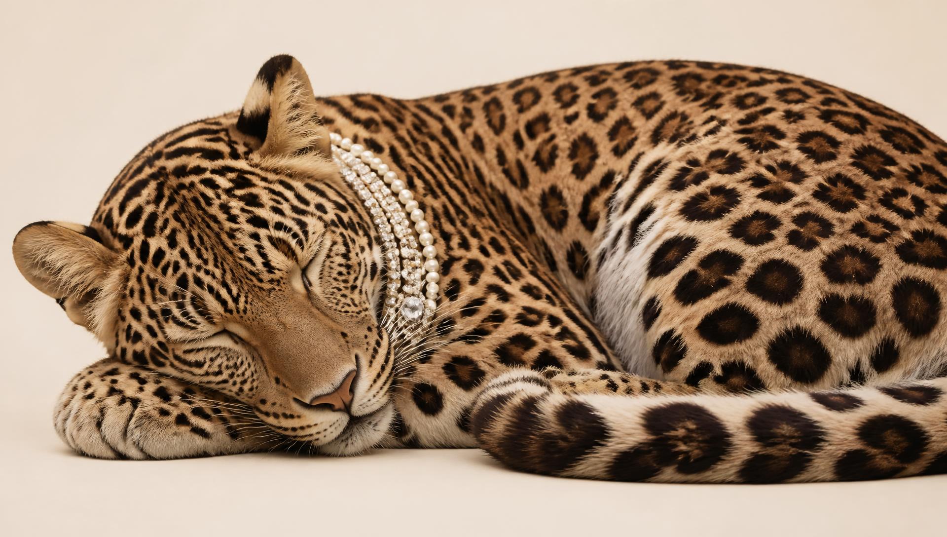 Sleeping leopard wearing layered pearl and crystal necklaces on ivory